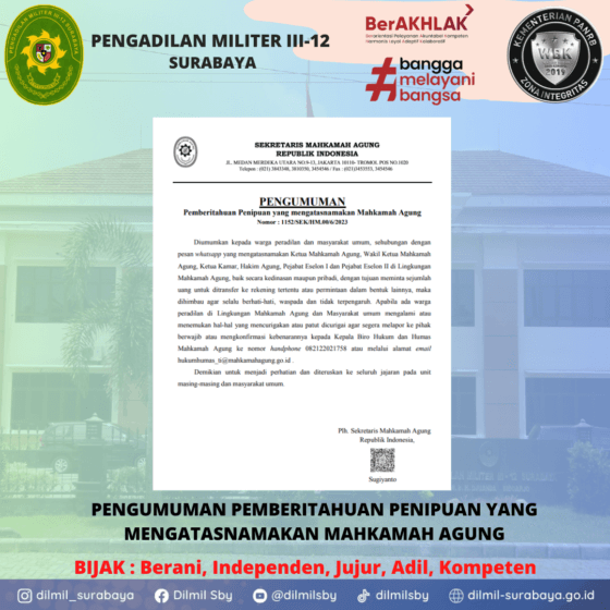 Pengumuman Pemberitahuan Penipuan yang mengatasnamakan Mahkamah Agung RI