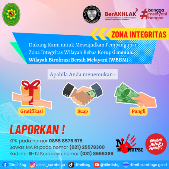 Dukung Pengadilan Militer III-12 Surabaya untuk mewujudkan pembangunan Zona Integritas Wilayah Bebas Korupsi (WBK) menuju Wilayah Birokrasi Bersih Melayani (WBBM).